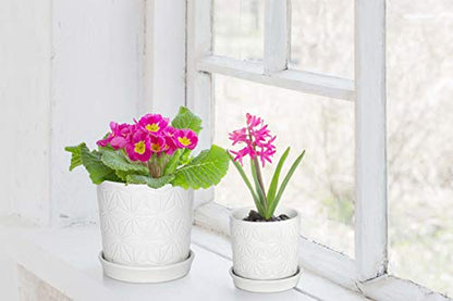 D'vine Dev 2-Pack Geometric Stoneware Planters, 3.8/5.8 in, White, 99-E-1 | Drainage Hole and Saucer, Sculptural Geometric Design, Rich Glazed Surface, Modern Style, Elegant Accent for Indoor Plants - color: White