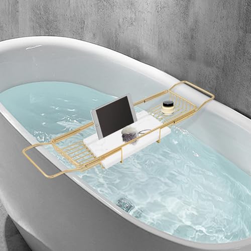 Expandable Bathtub Tray Caddy for Luxury Bath, Extra Wide Acrylic Tub Tray with Natural Marble Board, Waterproof Bath Tub Shelf for Phone, Wine, Book, Tablet Stand - Ideal Home Spa (Gold, White) - color: Gold, White