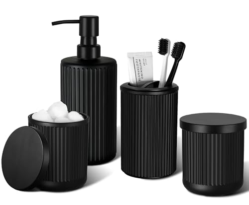 KASUNTING Matte Black Bathroom Accessories Set, 4 Pcs Glass Bathroom Accessory Set, Soap Dispenser, Toothbrush Holder, Qtip Holder Set, Bathroom Sets Complete, Bathroom Sink Set for Modern Home Decor - color: Black, size: 4 Pcs Bathroom Set