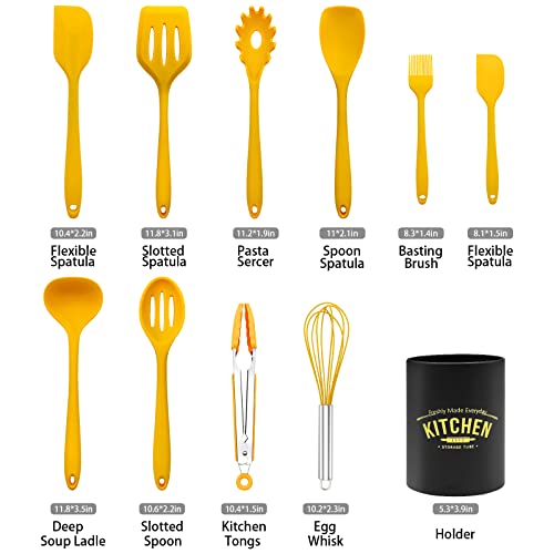 11 Piece Cooking Kitchen Utensils Set, Yellow Cooking Utensils Set, Non-Stick Silicone Spatula Set with Iron Utensils Holder, Silicone Kitchen Gadgets Utensil Set (Yellow)
