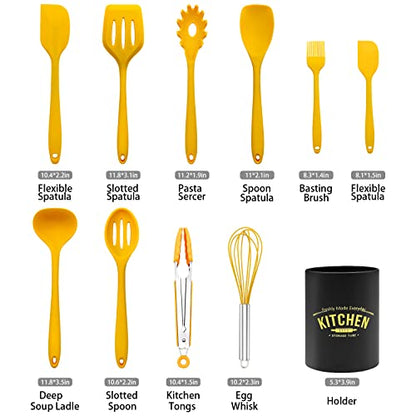 11 Piece Cooking Kitchen Utensils Set, Yellow Cooking Utensils Set, Non-Stick Silicone Spatula Set with Iron Utensils Holder, Silicone Kitchen Gadgets Utensil Set (Yellow)