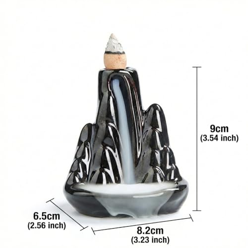 Handmade Ceramic Backflow Incense Holder - Waterfall Incense Burner Ornament, Mountain Design Aromatherapy Fountain for Home Decor, Yoga, Meditation & Office, Unique Zen Gifts (Black)