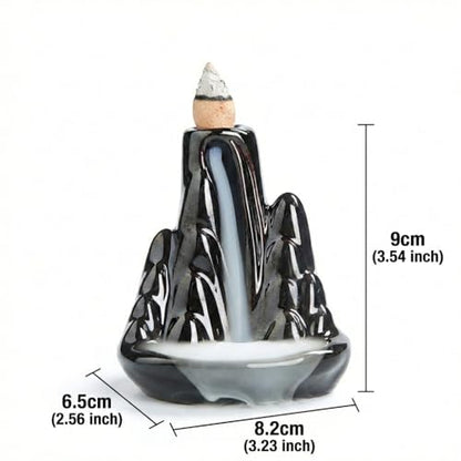 Handmade Ceramic Backflow Incense Holder - Waterfall Incense Burner Ornament, Mountain Design Aromatherapy Fountain for Home Decor, Yoga, Meditation & Office, Unique Zen Gifts (Black)