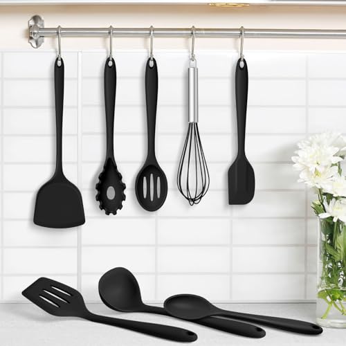 TeamFar Silicone Cooking Utensils Set, 8 PCS Kitchen Utensils Set, Black | 446°F Heat Resistant Turner, Spatula, Spoon, Whisk, Kitchen Cooking Gadgets Tools, for Nonstick Cookware, Dishwasher Safe - color: Black