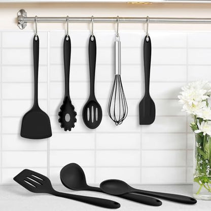 TeamFar Silicone Cooking Utensils Set, 8 PCS Kitchen Utensils Set, Black | 446°F Heat Resistant Turner, Spatula, Spoon, Whisk, Kitchen Cooking Gadgets Tools, for Nonstick Cookware, Dishwasher Safe - color: Black