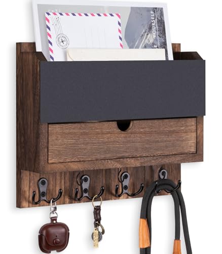 Mail and Key Holder Wall Mount with Storage Drawer & Chalkboard Panel | Modern Wooden Mail Organizer for Wall Entryway, 7 key hooks, Stylish Home Decor for Apartments, Living Room, Office - color: Brown