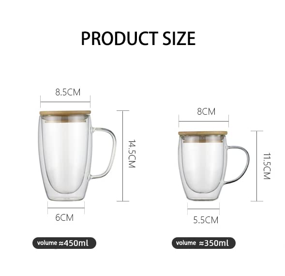 12 Oz Double Walled Glass Coffee Mugs, 2 Packs Clear Coffee Mugs with Lids Insulated Coffee Cups with Handle Perfect for Cappuccino,Tea,milk ,Espresso,Latte, Hot Beverage Set of 2 (Glass lid, 12oz) - color: 12oz