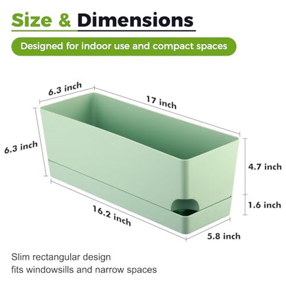 2 Pack Self Watering Pots for Indoor Plants 17 Inches Window Boxes Planters Rectangular Flower Pots Rectangle Herb Pots Large Plant Pots with Drainage Holes and Saucers Windowsill Planter, Green - color: Green