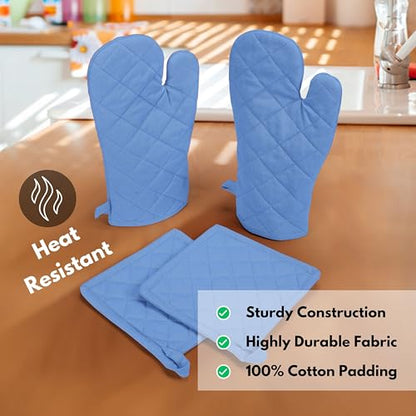 Native Fab Pot Holders and Oven Mitts Sets for Kitchen Heat Resistant - Hanging Non-Slip - 100% Cotton Kitchen Oven Mitts and Pot Holders 4-Piece Set - Blue - color: Blue