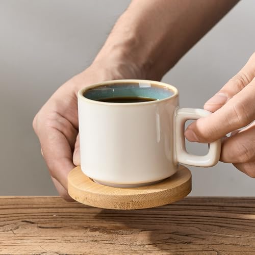 LUKA Porcelain Stackable Espresso Cups with Saucers and Metal Stand, 4 Ounce Small Ceramic Demitasse Cups Set for Latte, Specialty Coffee Drinks, Cafe Mocha,Tea - Set of 4, White Green Interior - color: White-Green