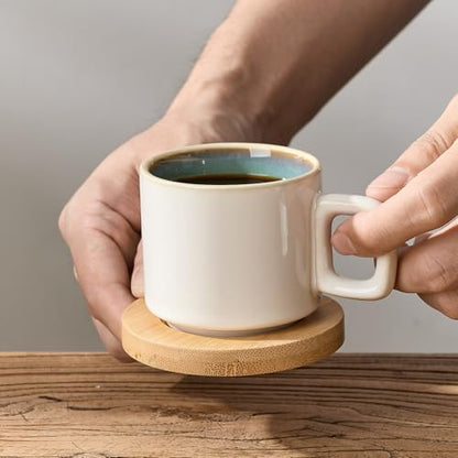 LUKA Porcelain Stackable Espresso Cups with Saucers and Metal Stand, 4 Ounce Small Ceramic Demitasse Cups Set for Latte, Specialty Coffee Drinks, Cafe Mocha,Tea - Set of 4, White Green Interior - color: White-Green