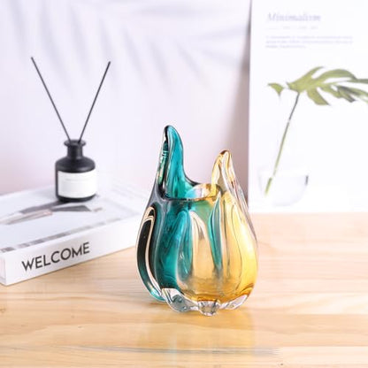 Hand Blown Glass Vase, Medium Wide Mouth Flower Vase Unique Modern Turquoise Glass Art Decor, Nonbreakable Vases for Table Centerpieces Living Room Decorative Amber and Teal Vase - size: Small