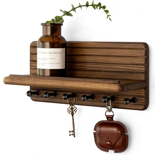 Rebee Vision Pine Wood Key Holder Wall Mount with Shelf for Entryway, Brown | 6 Key Hooks, Round Corner, Smooth&Hand-Friendly, Clear Wood Texture, Space-Saving Design, Organize Mail & Letter - color: Brown, size: Medium-11inch
