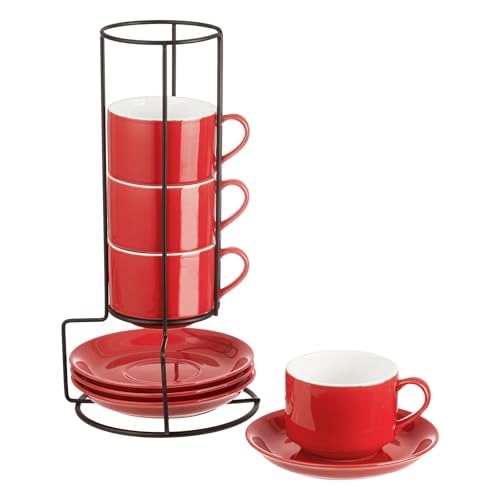 YOLIFE 8oz Porcelain Stackable Cappuccino Cups with Saucers and Metal Stand Set of 4, Coffee cups for Espresso, Specialty Coffee Drinks, Latte, Americano and Tea - Red - color: Red, size: 8oz