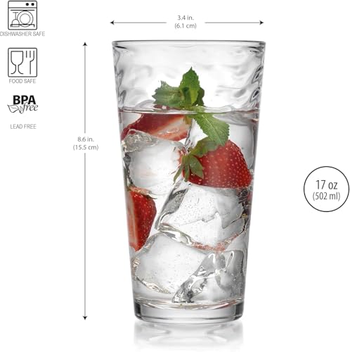 Glaver's Hammered Glass Cups. Cocktail Drinking Glasses Set of 6 Tall Kitchen Glasses, 17 oz Water Glassware For Bar, Juice, Beer, Iced Tea, Everyday Cordial Glasses Drinkware. - size: 17 Ounces