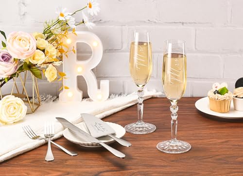 Wedding Cake Knife and Server Set with Forks, Crystal Champagne Flutes | Classical Style Toasting Glasses for Bride and Groom, Wedding Gifts for Couples, Engagement and Bridal Shower Gifts - color: Silver