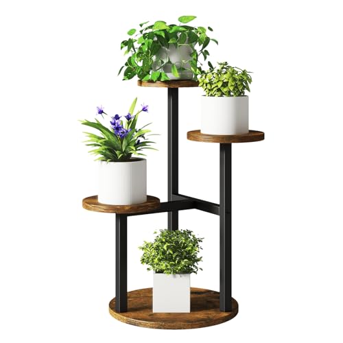 IBUYKE 4 Tier Plant Stand Indoor, Metal Wood Plant Shelf for Multiple Plants, Small Tiered Corner Flower Pot Stand for Living Room Patio Balcony Garden, Rustic Brown TMJ073H - color: Rustic Brown, size: 4 Tier