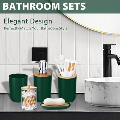 Bathroom Accessories Set 5Piece Hunter Green Bathroom Sets, Toothbrush Holder, Toothbrush Cup, Lotion Soap Dispenser, Soap Dish and Qtip Holder Bathroom Decor - style: Dark Green