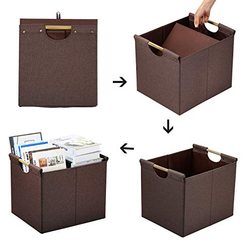 HOONEX Large Collapsible Storage Bins, Linen Fabric, 2 Pack, Storage Baskets with Wooden Carry Handles and Sturdy Heavy Cardboard, for Home, Office, Car, Nursery, Brown - color: Brown