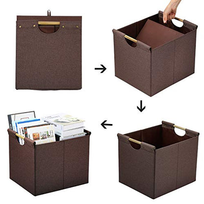 HOONEX Large Collapsible Storage Bins, Linen Fabric, 2 Pack, Storage Baskets with Wooden Carry Handles and Sturdy Heavy Cardboard, for Home, Office, Car, Nursery, Brown - color: Brown