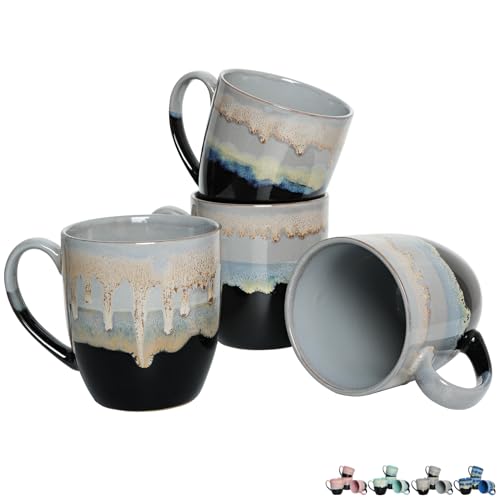 Bosmarlin Ceramic Coffee Mug Set of 4, 17 Oz, Coffee Cups with Big Handle, Microwave Safe, Unique Reactive Glaze (17 Oz, Grey) - color: Grey Drip