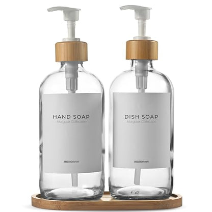 MaisoNovo Glass Dish Soap Dispenser for Kitchen Set of 2-16.9oz Clear Dish and Hand Soap Dispenser Set for Kitchen - Clear Glass Bottles x 2 with White Bamboo Pumps & Tray - color: Clear Bottles/White Bamboo Pumps