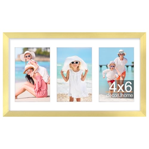 decorUhome 3 4x6 Picture frames Collage Wall Decor with Mat, P06814GD | Gold 8x14 Collage Picture Frame, Fits Three 4x6 Photos with Mat for Wall Mounting, 1 Pack - color: Gold, size: 8x14 (3-4x6)