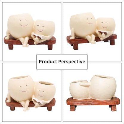 LAUGOKEBE Cute Smily Face Plant Pot for Indoor Outdoor with Drainage Hole | Unique Double Head Reading Book Planters, Funny Succulent Flower Pots, Plant Gifts for Mother's Day, Birthday, Christmas