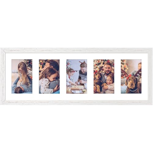 8x24 Collage Frame with 5 Openings 4X6 Pictures, Multiple Picture Frame with Mat, Wall or Tabletop Decor, White Wood Grain (1 Pack) - color: White, size: 8x24-(5 open4x6)-1P