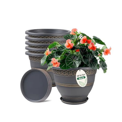 8 Inch Plaid Plant Pots 6 Pack with Drainage and Saucers Gold | Gold plaid PP pots with drainage holes and saucers for herbs succulents starter plants shelves windowsills - color: Gold, size: 8 Inches-6 packs