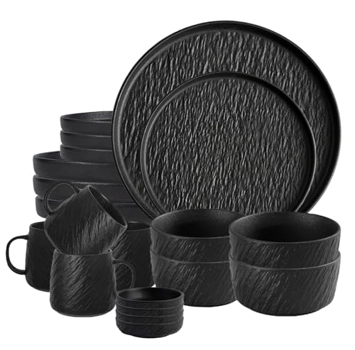 AOSIFIEL Ceramic Dinnerware set with Mugs for 4, 20 pcs, Dish set for 4, Porcelain Plates and Bowls Sets, Black Dishware Sets Stoneware Dinner Plates Sets Platos de Cocina Vajilla - color: Black Rock-Textured with Mug（20pcs）