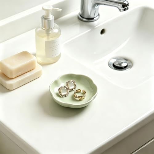 BEUNAIZER Ceramic Ring Dish, 4.3 in Flower Jewelry Tray with Raised Sides | Deep flower shape helps hold more small items and reduces the chance of jewelry sliding out. - color: green