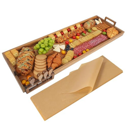 Acacia Wood Large Charcuterie Board 36x12 Inch with Cheese Knife Set | Extra Large Acacia Wood Board with Handles,30PCS Wax Paper Inlucded,3ft Long Tray for Party,Picnic and Home Entertaining - size: 36 Inches