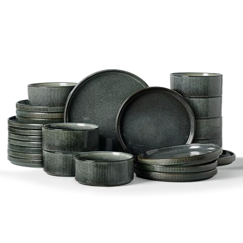 Famiware Star Stoneware Dinnerware Sets for 8, Reactive Glaze Plates, Bowls | 24-Piece Handmade Ceramic Dishes with Lipped Edges, Chip & Scratch Resistant. Microwave & Dishwasher Safe, Deep Forest - color: Deep Forest, size: Service for 8