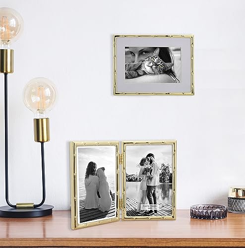 YiPinYin 4x6'' Bamboo Detail Double Photo Frames, Gold Metal Picture 6x4'' Double, Elegant Gold Thin Edge Photo Frames 4 x 6'' With Soft Touch Velvet Backing and Real Glass for Desktop - color: Gold, size: 4x6Inch Double