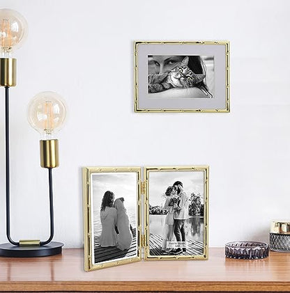 YiPinYin 4x6'' Bamboo Detail Double Photo Frames, Gold Metal Picture 6x4'' Double, Elegant Gold Thin Edge Photo Frames 4 x 6'' With Soft Touch Velvet Backing and Real Glass for Desktop - color: Gold, size: 4x6Inch Double