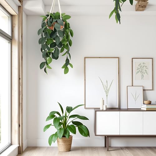 Hanging Plants Artificial Decor, Fake Hanging Plant in Clay Pot Artificial Hanging Plants with Fake Leaves and Hook for Wall Home Room Indoor Outdoor Décor (Dark Green)