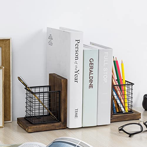 MyGift Book Ends for Desk, Decorative Farmhouse Bookends for Heavy Books with Pen Holders, Office Supplies Storage Baskets, Rustic Burnt Wood and Matte Black Metal Wire Basket, 1-Pair