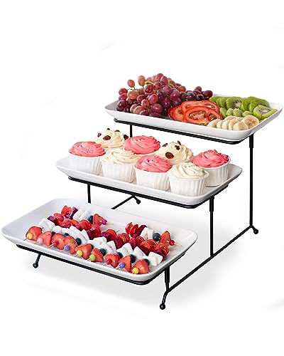 DELLING 3 Tier Serving Tray for Dessert Table Display, 12 Inch Porcelain Tiered Serving Stand - White Serving Platters for Party Entertaining, Collapsible Stand for Baby Shower Birthday Wedding - size: 12 Inch