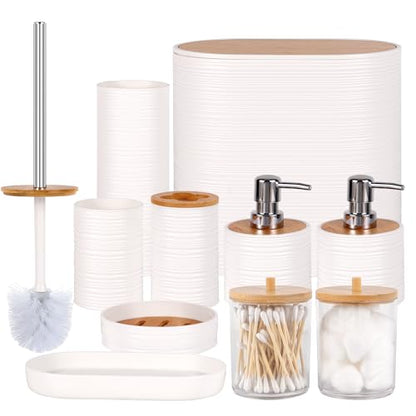 10 PCS White Bathroom Accessories Set with Trash Can Bathroom Accessory | All-in-One Kit with Trash Can,Toothbrush Holder,Soap Dispenser,Toothbrush Cup,Vanity Tray,Soap Dish,Toilet Brush etc for Home - color: White
