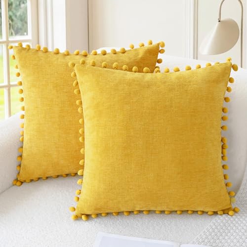 CaliTime Decorative Throw Pillow Covers 16 X 16 Inches Mustard Yellow | Pack of 2, Cozy Chenille Cushion Cases, with Pom Poms for Sofa Bed Living Room Farmhouse Home - color: Mustard Yellow, size: 16" x 16" (Pack of 2)