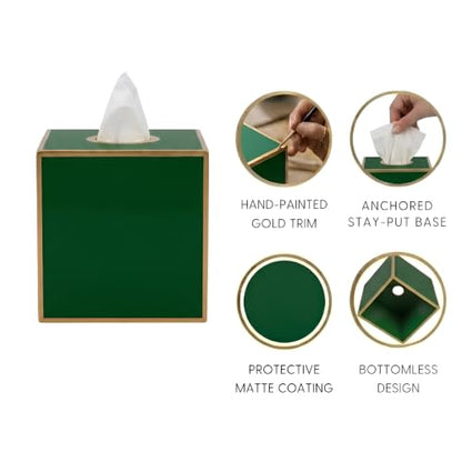 Jaye's Studio Decorative Tissue Box Covers, Green Square Metal Gold Cube | Matte Hand-Painted Finish, Fits Standard Facial Holders, Polished Trim, Open Bottom, Study Powder Room Use - color: Emerald Green