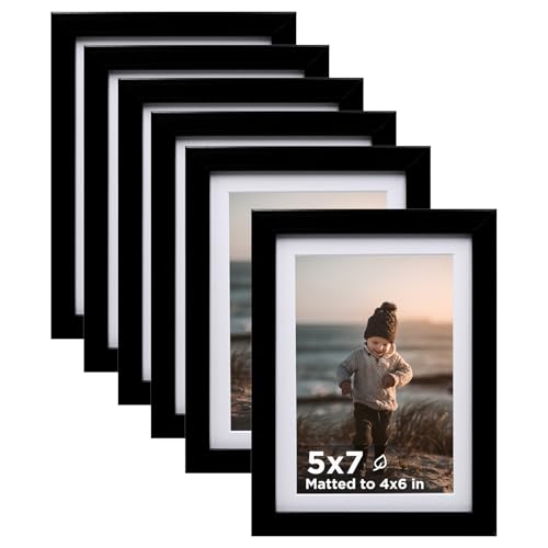 5x7 Picture Frame Black Set of 6 Wooden Photo Frames Matted 4x6 | 5 x 7 Picture Frame with Plexiglass Fits 4x6 with Mat or 5x7 without Mat for Table and Wall Display - color: Black, size: 5x7