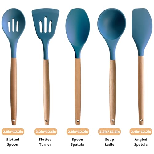 Silicone Kitchen Cooking Utensils Set 5Pcs Non-Stick Silicone Kitchen Utensils Set Spatula Spoon Turner Ladle with Wooden Handle, Heat Resistant Cooking Gadgets for Nonstick Cookware BPA-FREE - color: Blue, size: Standard 5-Piece Set