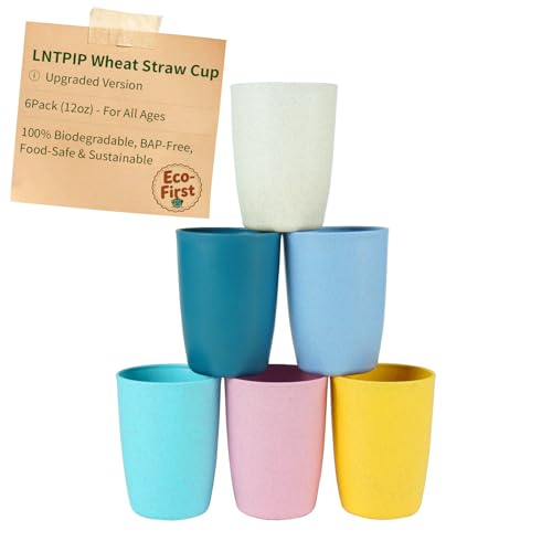 Wheat Straw Colored 6 Pack Kids Cups 12 OZ | Reusable Open Drinking Glasses BPA Free Dishwasher & Microwave Safe