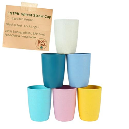 Wheat Straw Colored 6 Pack Kids Cups 12 OZ | Reusable Open Drinking Glasses BPA Free Dishwasher & Microwave Safe