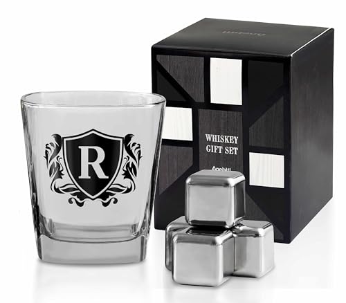 Whisky Gifts for Men, Personalized Initial Whiskey Glass with Whiskey Stones for Dad, Boyfriend, Best Friends, Coworkers, Husband, Brother, Uncle and Boss on Father's Day, Boss Day and Birthday - R - color: R