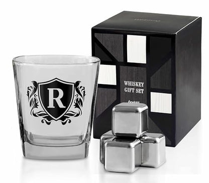 Whisky Gifts for Men, Personalized Initial Whiskey Glass with Whiskey Stones for Dad, Boyfriend, Best Friends, Coworkers, Husband, Brother, Uncle and Boss on Father's Day, Boss Day and Birthday - R - color: R