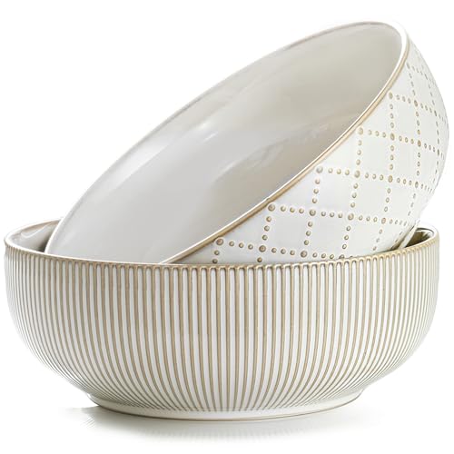 getstar Large Serving Bowls (9.5 inch & 92 fl oz), Ceramic Salad Bowl Set of 2, Microwave and Dishwasher Safe - color: Embossed Checks & Stripes, size: 9.5"