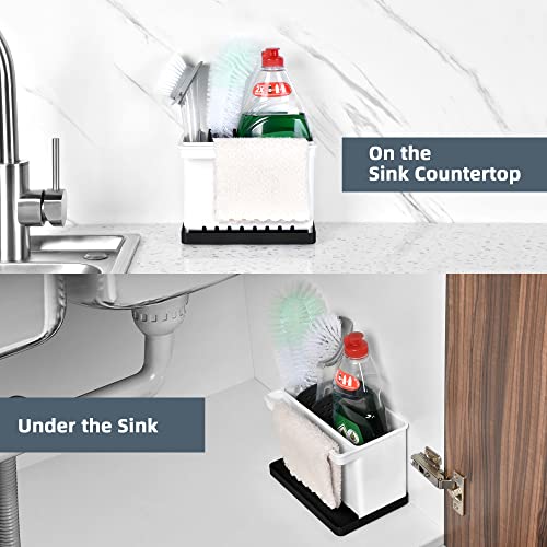 JOMOLA Kitchen Sink Organizer Dish Brush Sponge Holder Caddy Toothbrush Holders for Bathrooms Sinkware Kitchen Utensil Holder Sink Caddy Organizer with 4 Separate Dividers Removable Drain Tray (Black) - color: Black